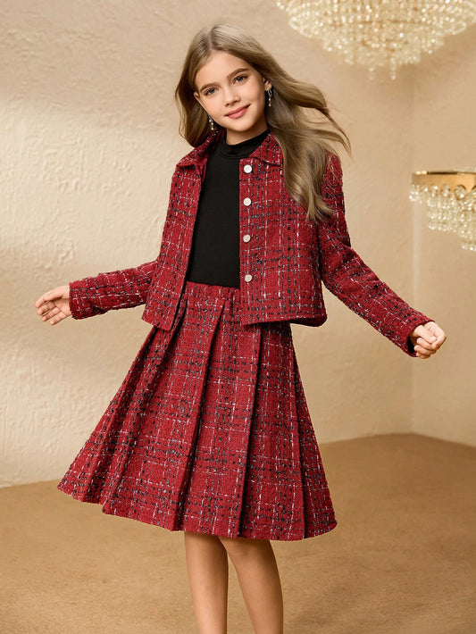 Tween Girl Simple Solid Color T-Shirt, Single-Breasted Jacket And Pleated Skirt Burgundy