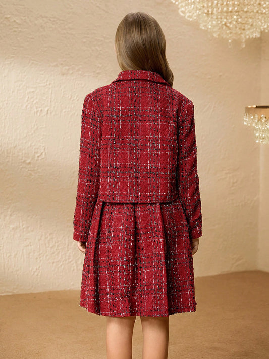 Tween Girl Simple Solid Color T-Shirt, Single-Breasted Jacket And Pleated Skirt