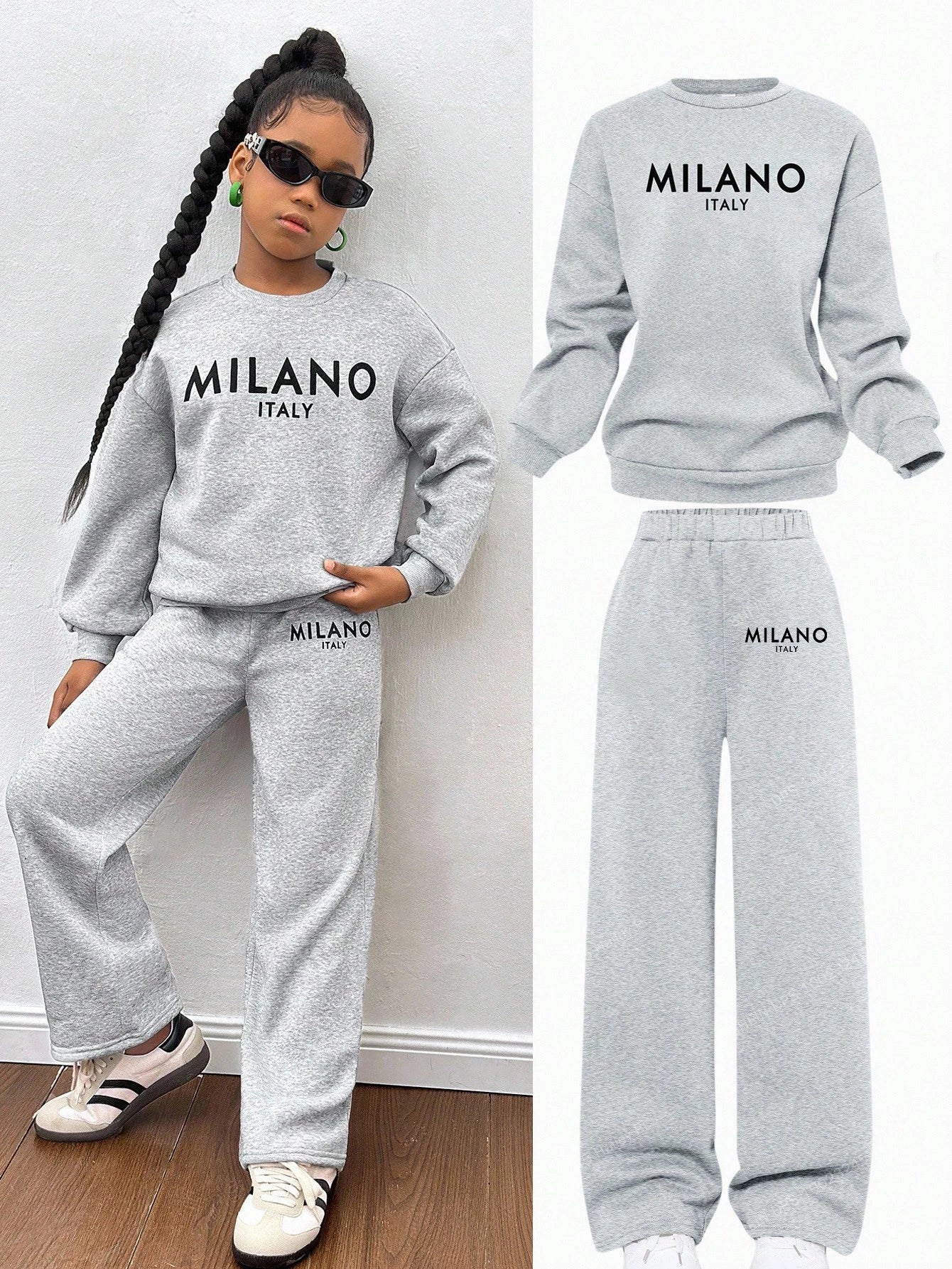 Tween Girl Loose Casual Minimalist Comfortable Crew Neck Sweatshirt And Pants Grey