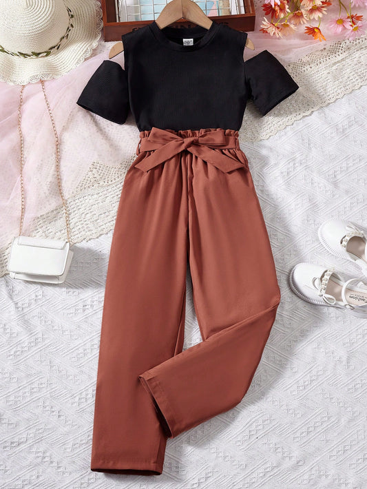 Tween Girl Cold Shoulder Tee & Paperbag Waist Belted Pants