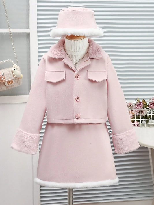 Tween Girl Comfortable Sports Style Pink Long Sleeve Top + Skirt + Hat Pink