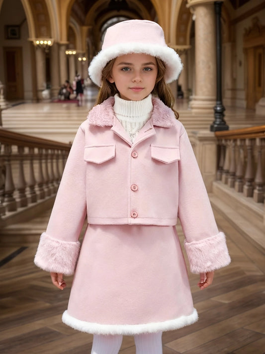 Tween Girl Comfortable Sports Style Pink Long Sleeve Top + Skirt + Hat