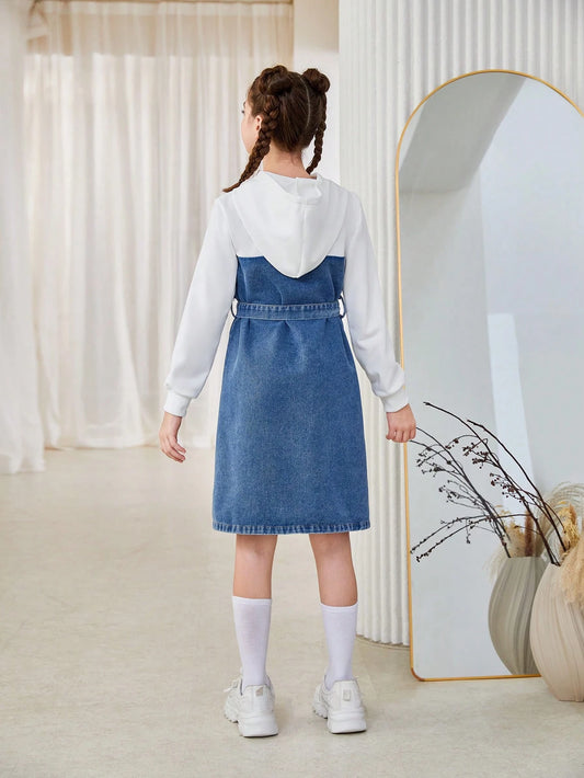 Tween Girl Contrast Color Hooded Long Sleeve Loose Casual Dress