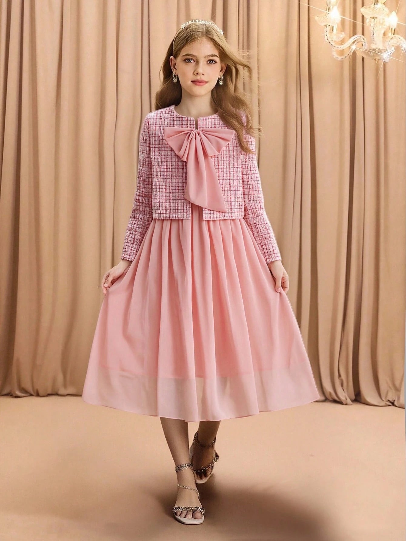 Elegant Round Neck Long Sleeve Bow Design Tweed Jacket, Versatile Outerwear, Mesh Chiffon Solid Color A-Line Skirt Pink