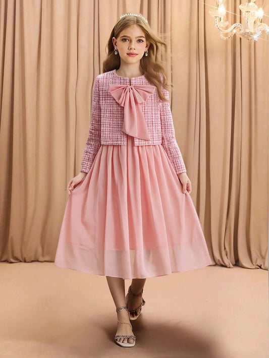 Elegant Round Neck Long Sleeve Bow Design Tweed Jacket, Versatile Outerwear, Mesh Chiffon Solid Color A-Line Skirt Pink