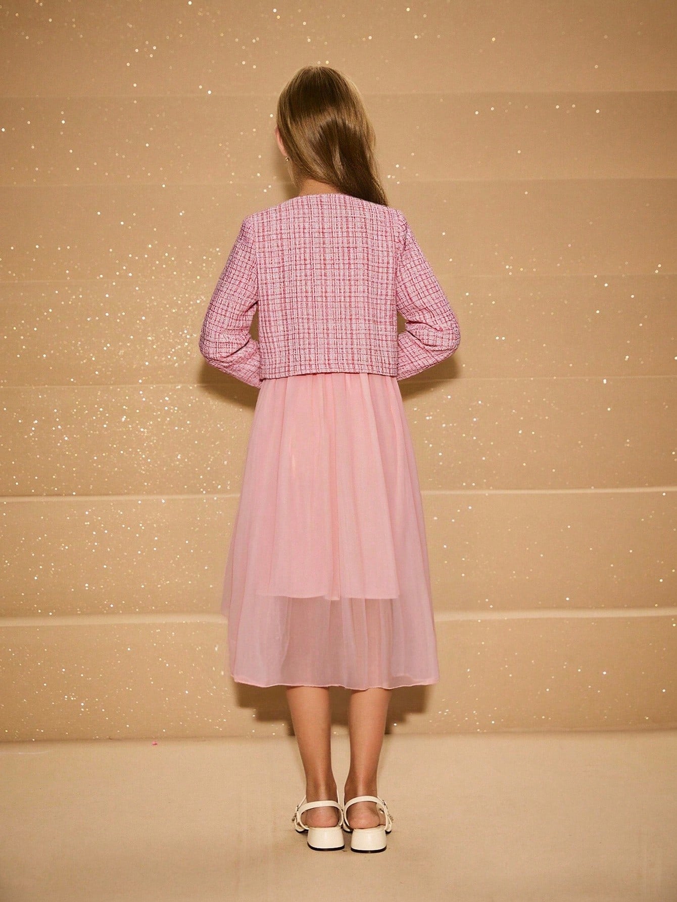 Elegant Round Neck Long Sleeve Bow Design Tweed Jacket, Versatile Outerwear, Mesh Chiffon Solid Color A-Line Skirt