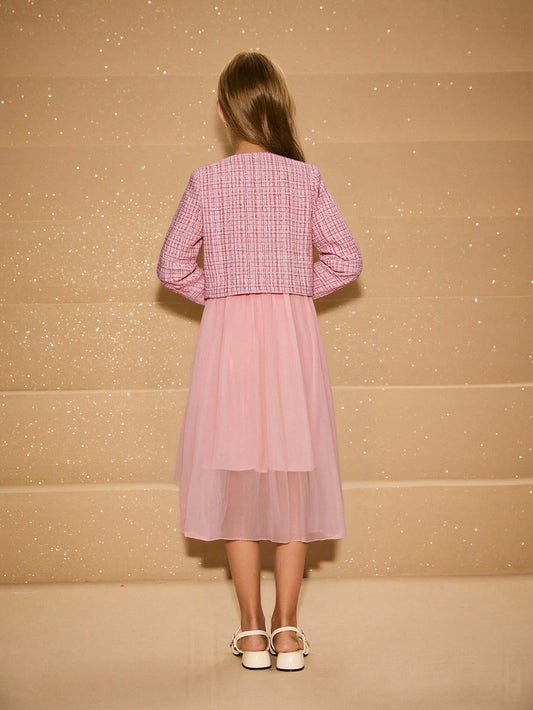 Elegant Round Neck Long Sleeve Bow Design Tweed Jacket, Versatile Outerwear, Mesh Chiffon Solid Color A-Line Skirt