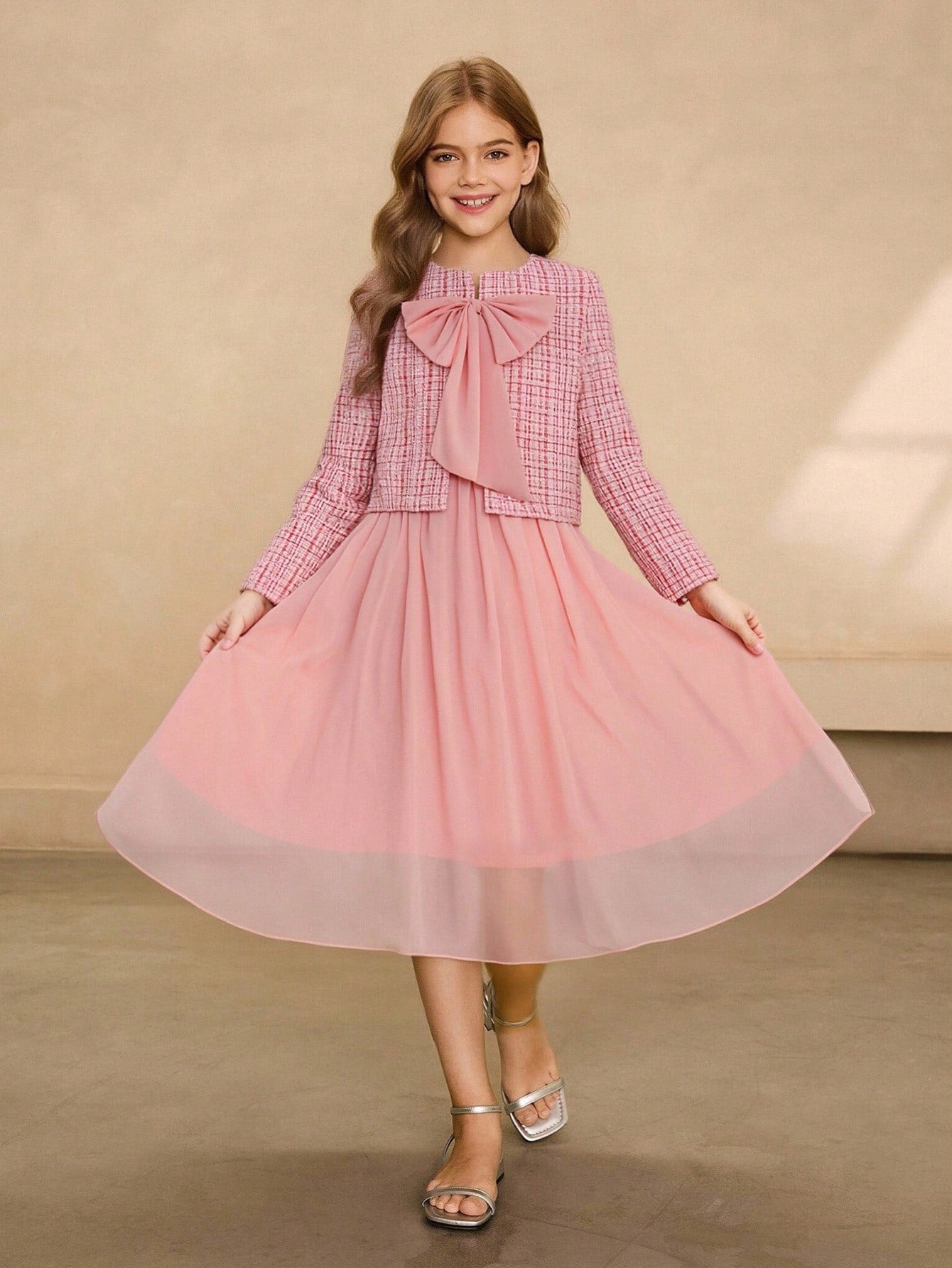Elegant Round Neck Long Sleeve Bow Design Tweed Jacket, Versatile Outerwear, Mesh Chiffon Solid Color A-Line Skirt