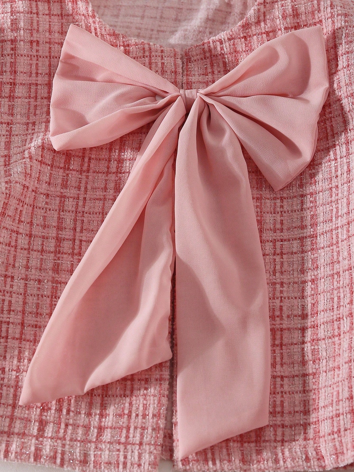 Elegant Round Neck Long Sleeve Bow Design Tweed Jacket, Versatile Outerwear, Mesh Chiffon Solid Color A-Line Skirt