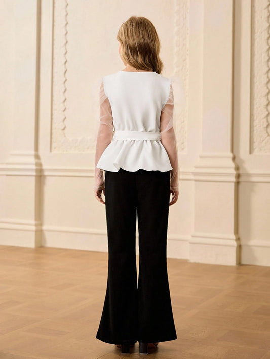 Tween Girl Elegant White Mesh Long Sleeve V-Neck Belted Slim Blouse & Black Flare Pants