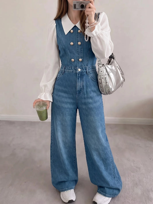 Lapel Puff Sleeve Ruffle Long Sleeve Patchwork Jumpsuit