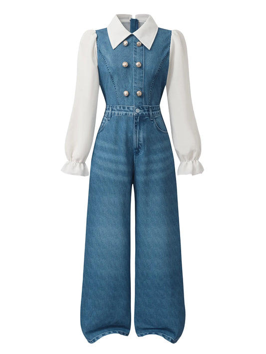 Lapel Puff Sleeve Ruffle Long Sleeve Patchwork Jumpsuit