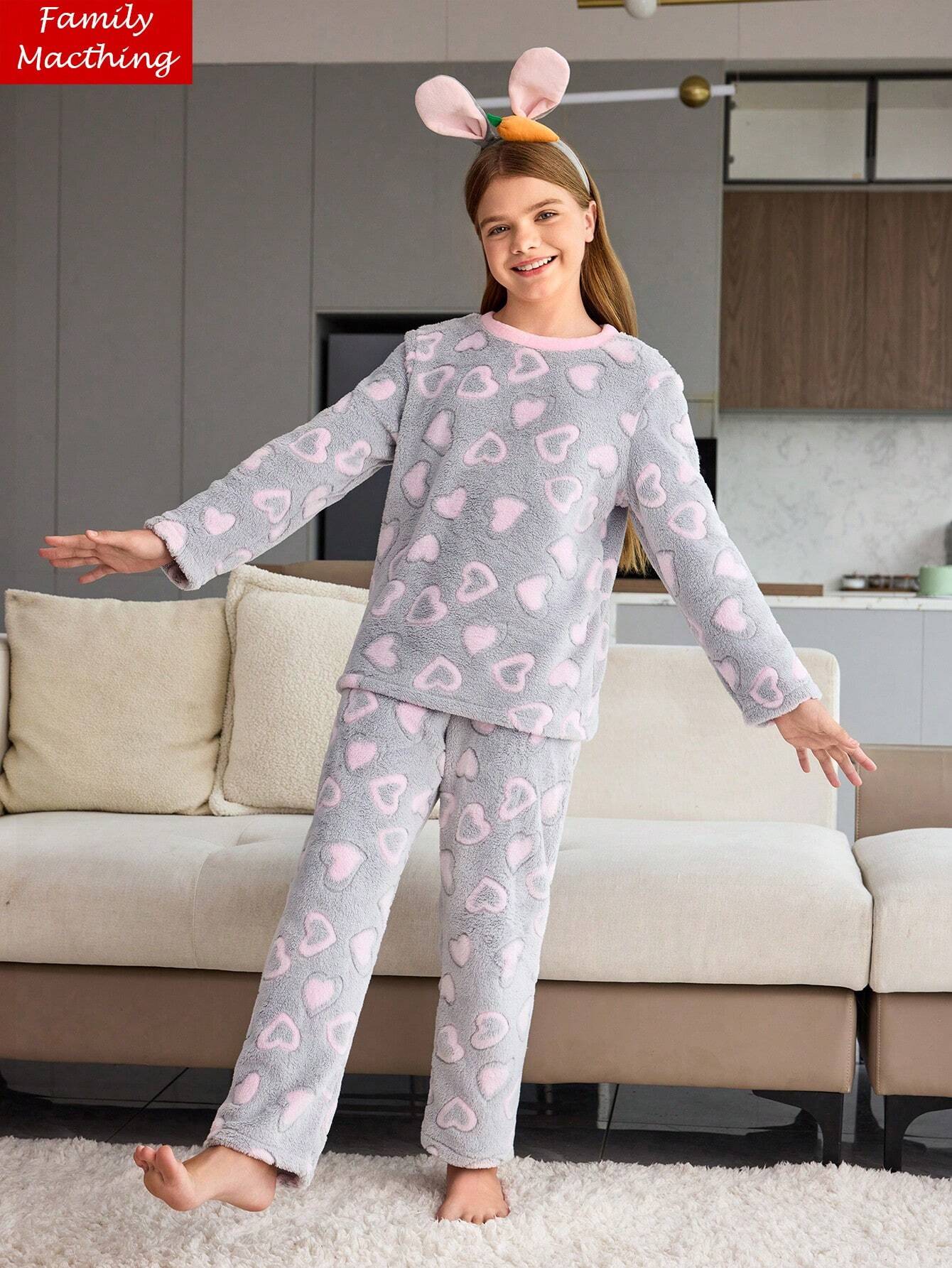 Tween Girl Pajamas - Comfortable & Warm Gray Minimalist Fashionable Plush Heart Pattern