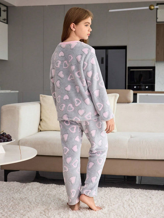 Tween Girl Pajamas - Comfortable & Warm Gray Minimalist Fashionable Plush Heart Pattern