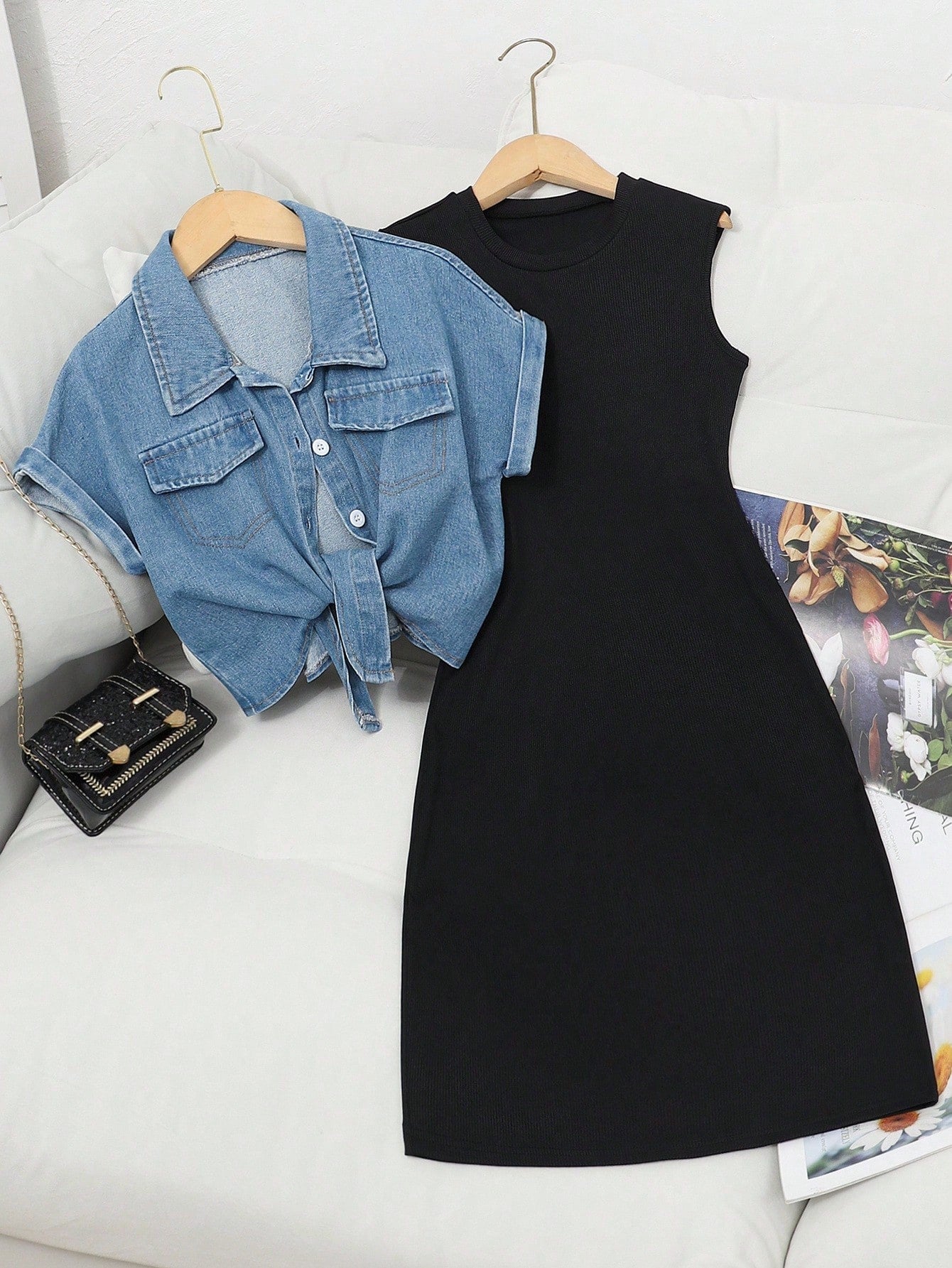 2pcs Denim Cropped Top + Black Knit Camisole Dress