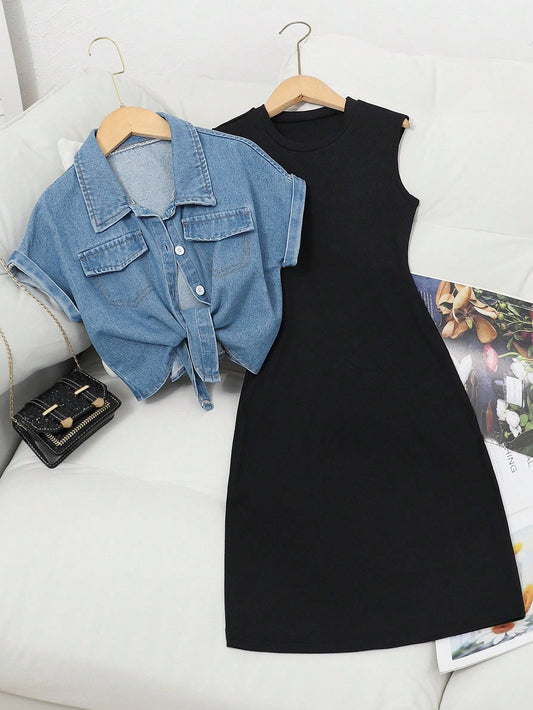 2pcs Denim Cropped Top + Black Knit Camisole Dress