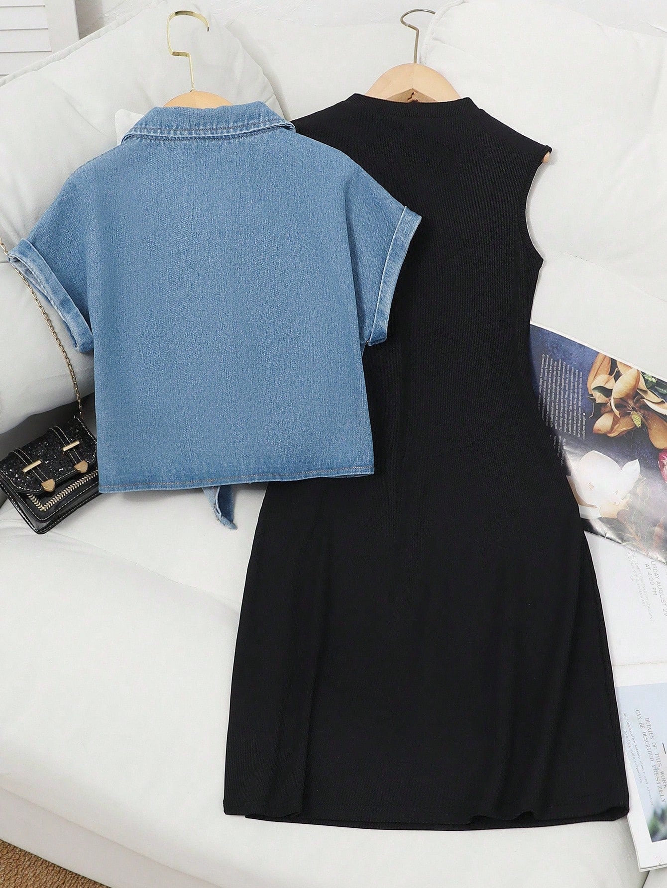2pcs Denim Cropped Top + Black Knit Camisole Dress