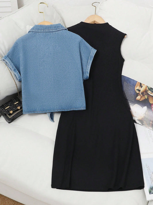 2pcs Denim Cropped Top + Black Knit Camisole Dress