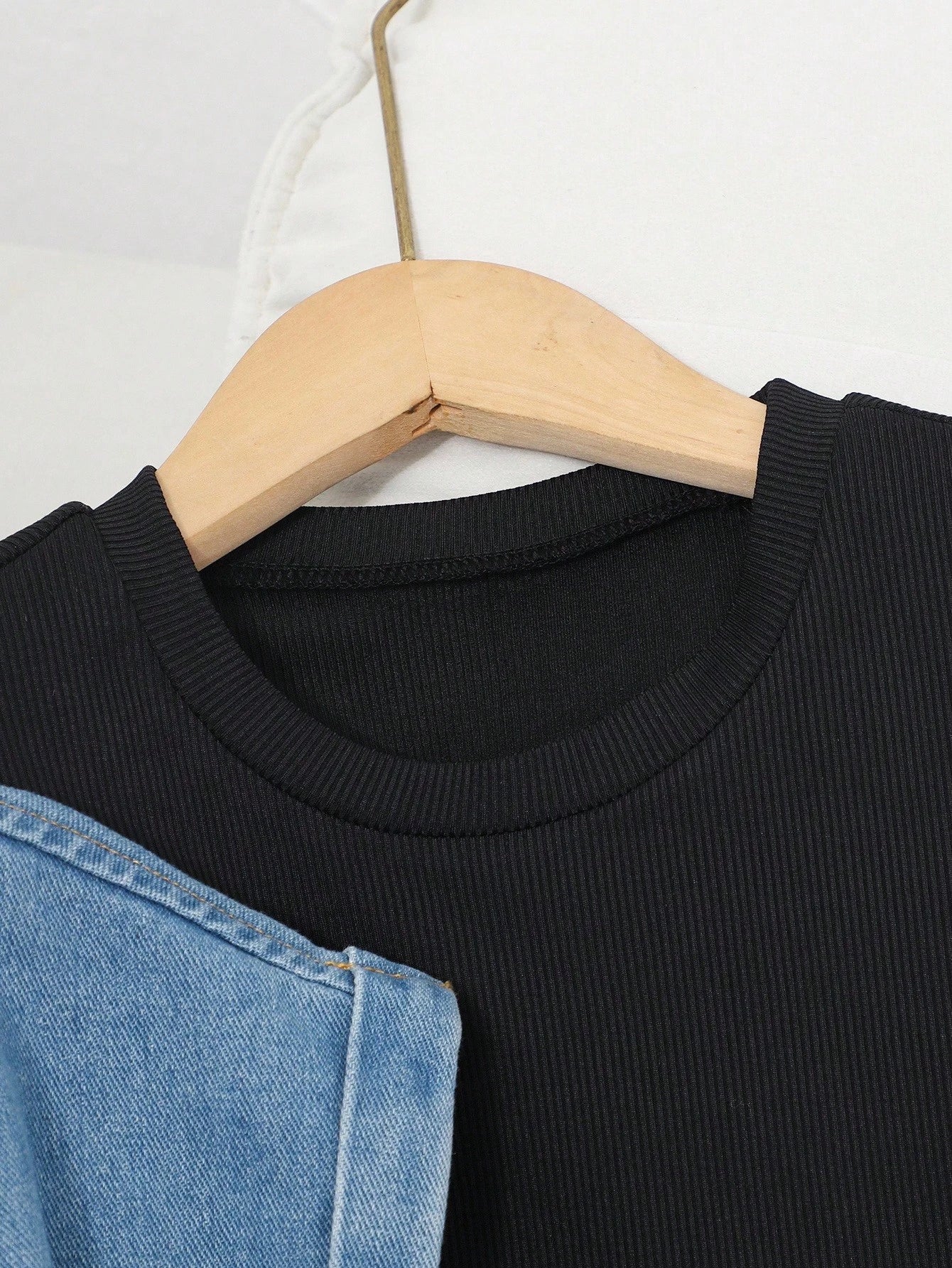 2pcs Denim Cropped Top + Black Knit Camisole Dress