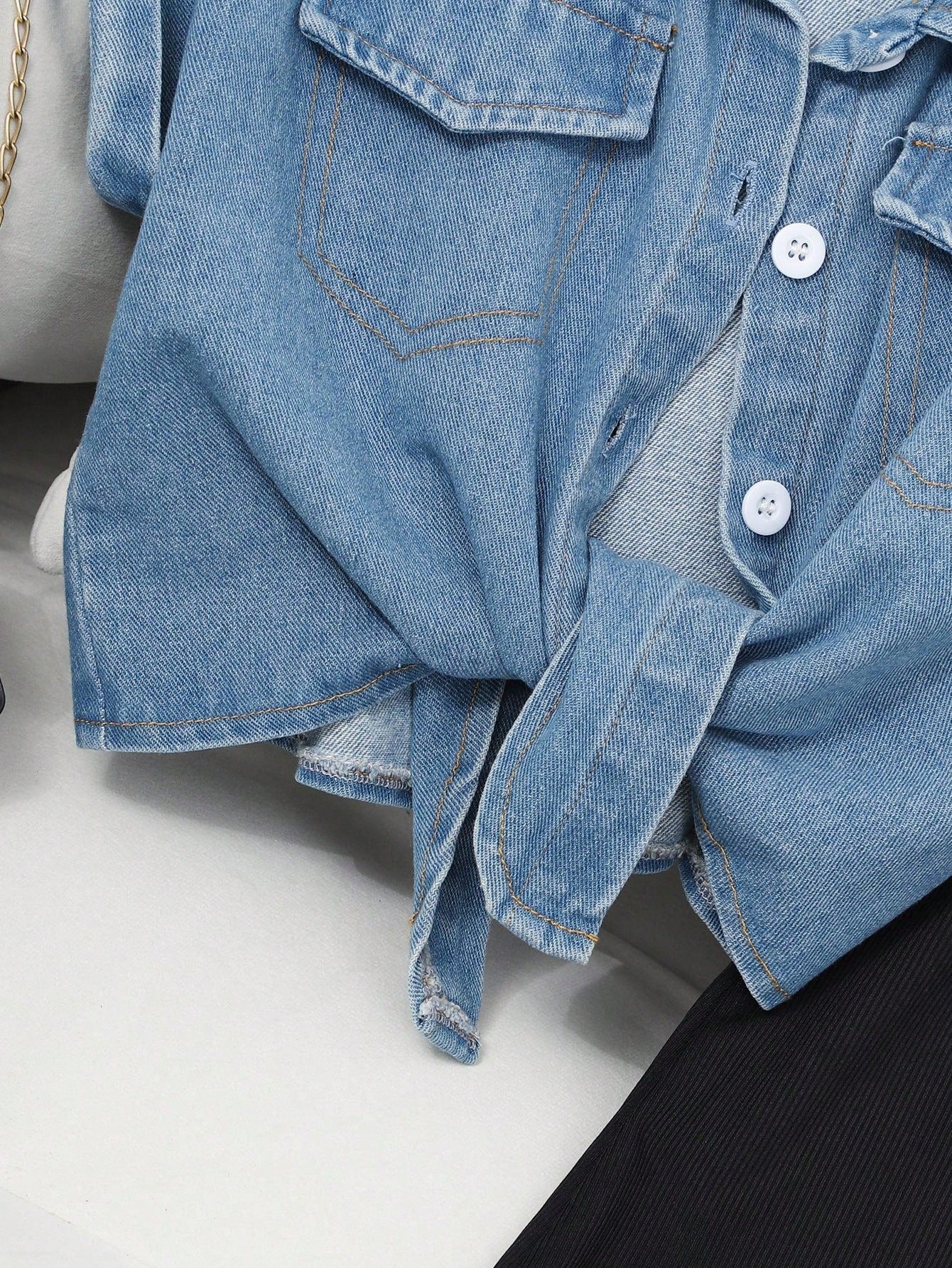 2pcs Denim Cropped Top + Black Knit Camisole Dress