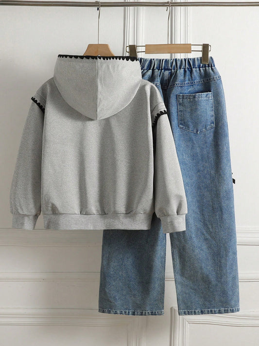 Shell Lace Hooded Sweatshirt And Bow Decor Blue Denim Pants Outfit
