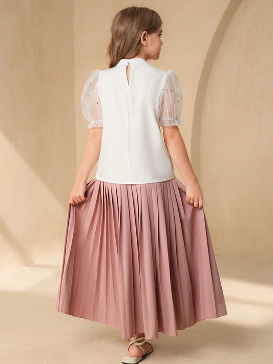 Bow Collar Sequin Mesh Splicing Puff Sleeve Blouse & High Waist Pleated Mini Skirt-S
