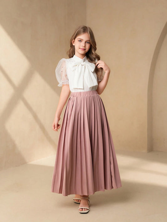 Tween Girls Bow Collar Sequin Mesh Splicing Puff Sleeve Blouse & High Waist Pleated Mini Skirt 2Pcs Suit-S 12Y
