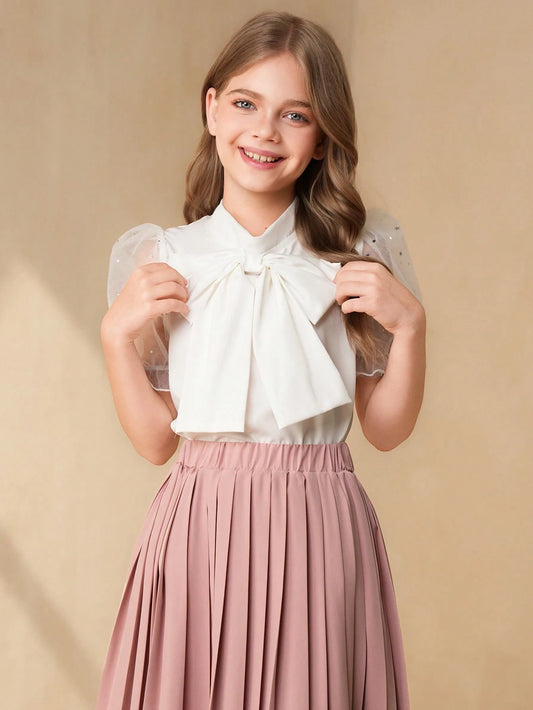 Tween Girls Bow Collar Sequin Mesh Splicing Puff Sleeve Blouse & High Waist Pleated Mini Skirt 2Pcs Suit-S