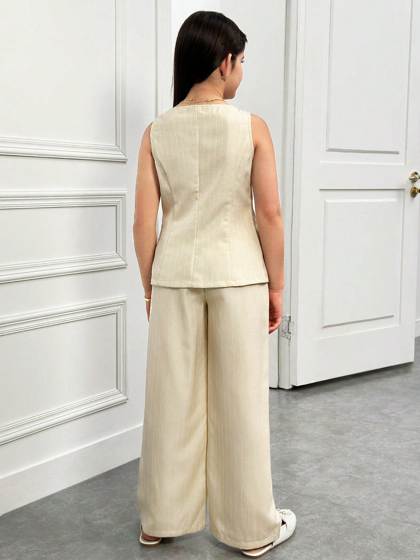 Striped Cropped Round Neck Sleeveless Button Front Vest Top And Straight Leg Pants
