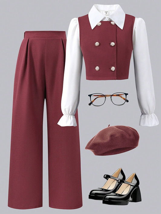 Tween Girl Flare Sleeve Collared Shirt + Cardigan Vest + Pants Burgundy