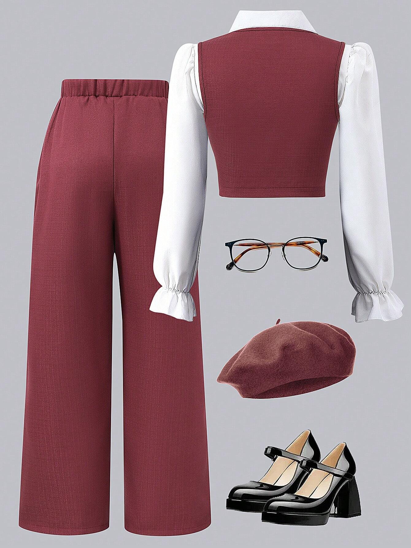 Tween Girl Flare Sleeve Collared Shirt + Cardigan Vest + Pants