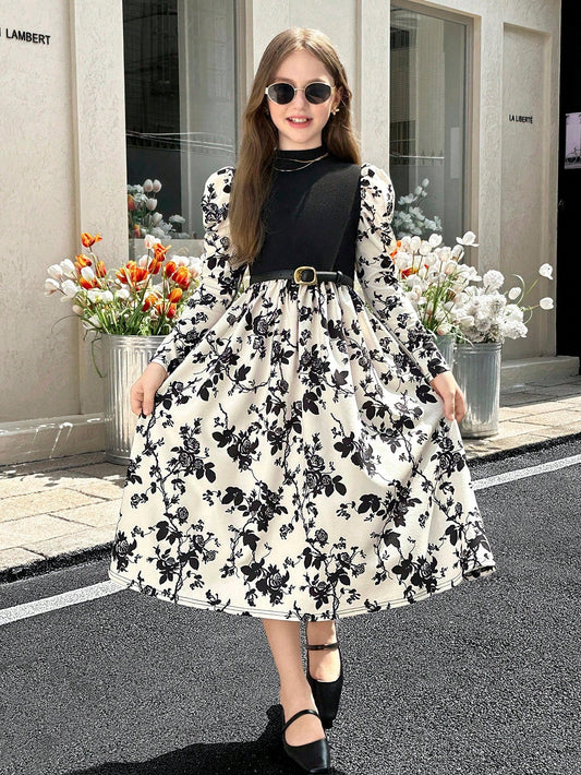 Collar Form-Fitting Ditsy Floral Ruffle Hem Knit Gigot Sleeve Midi Dress Black