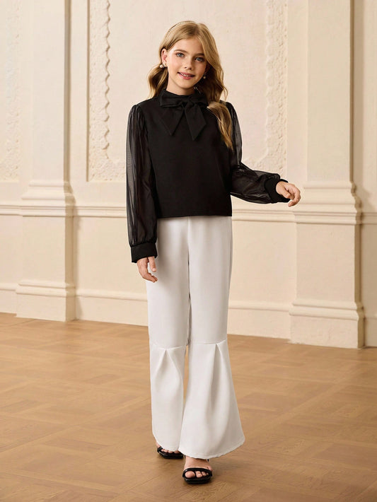 Tween Girls Elegant Cute Black Long Sleeve Top With Bow, Soft Tulle Lantern Sleeve, White Flared Pants