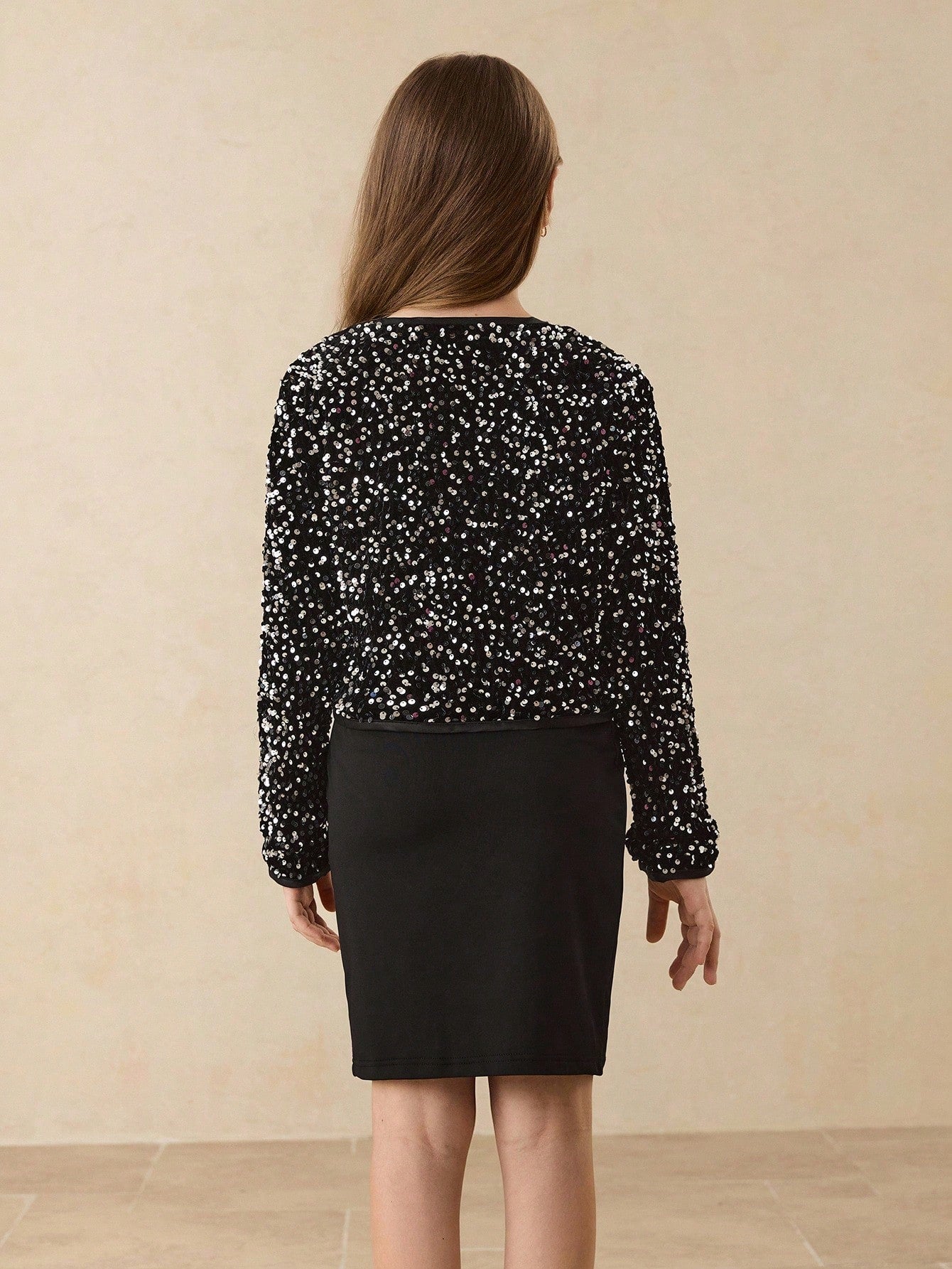 Tween Girls Elegant Fashion Round Neck Long Sleeve Loose Short Sequin Embellished Bow Design Jacket Set