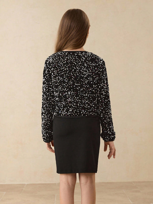 Tween Girls Elegant Fashion Round Neck Long Sleeve Loose Short Sequin Embellished Bow Design Jacket Set