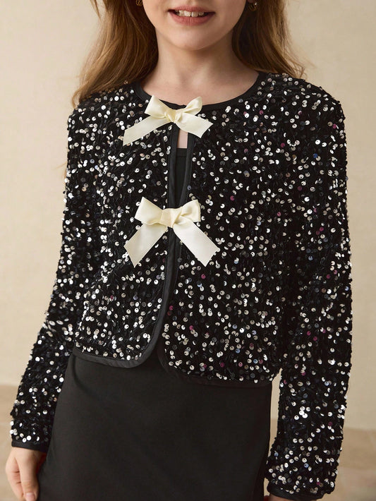 Tween Girls Elegant Fashion Round Neck Long Sleeve Loose Short Sequin Embellished Bow Design Jacket Set Black