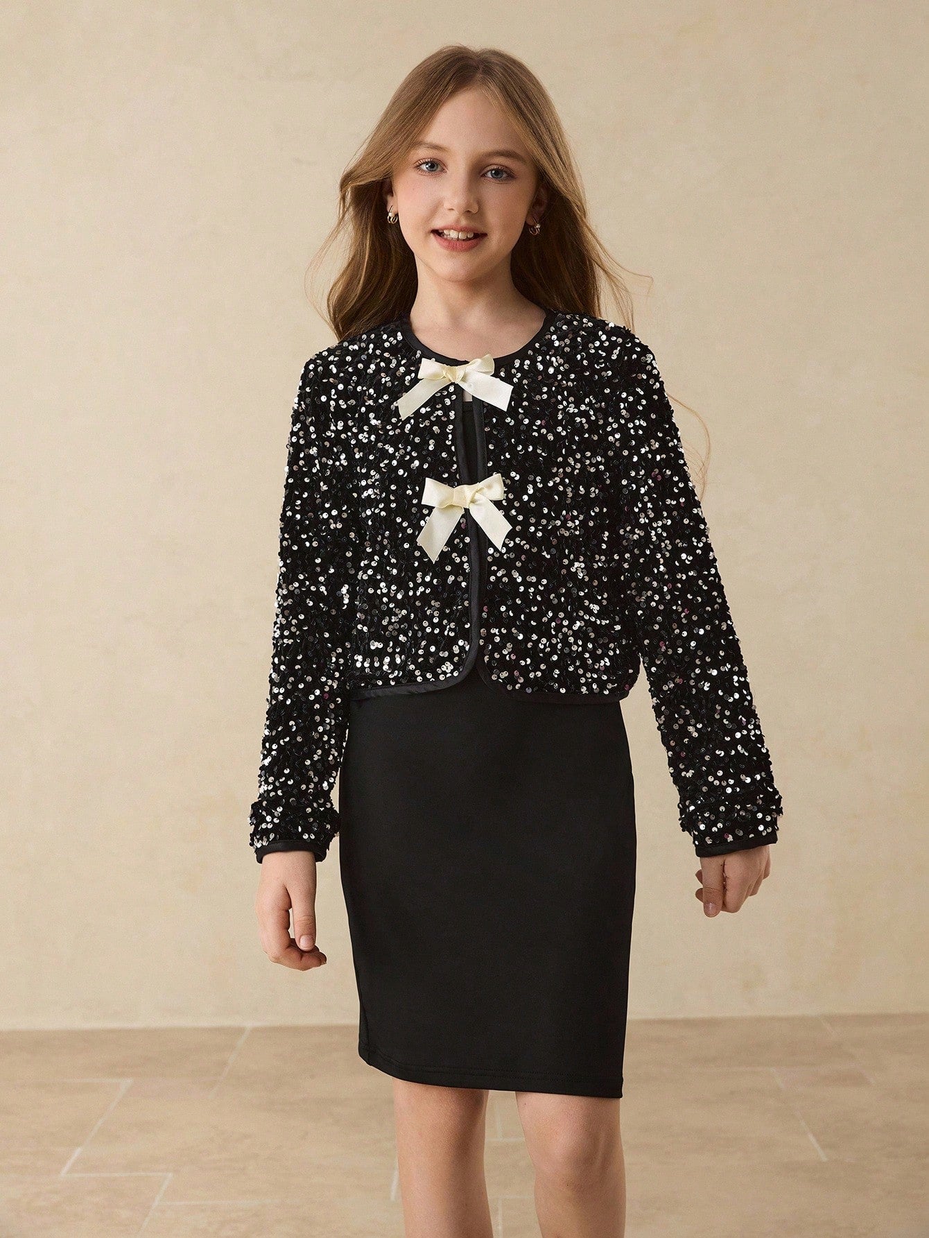 Tween Girls Elegant Fashion Round Neck Long Sleeve Loose Short Sequin Embellished Bow Design Jacket Set