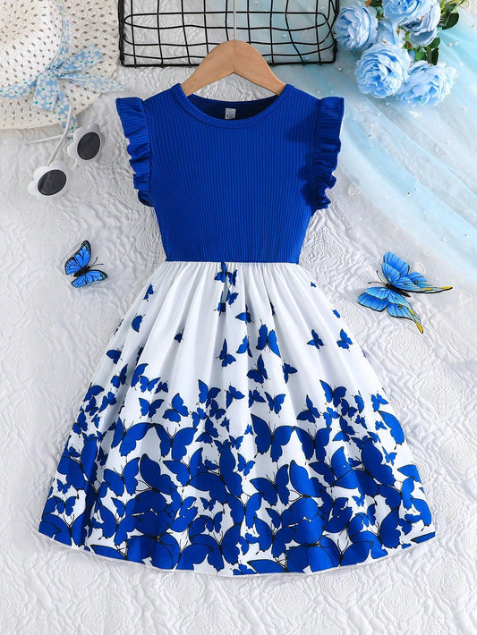 Tween Girls Elegant Floral Print Splice Cap Sleeve Ribbed Casual Dress
