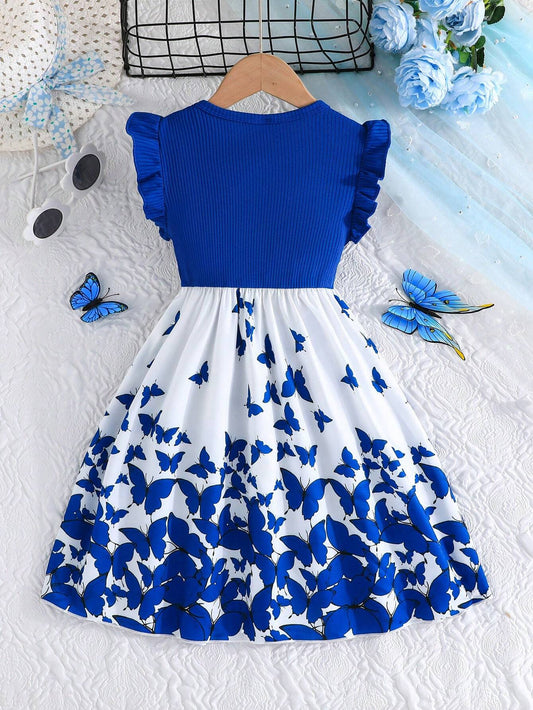 Tween Girls Elegant Floral Print Splice Cap Sleeve Ribbed Casual Dress