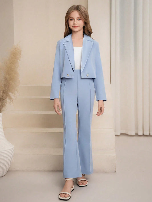 Minimalist Lapel Collar Long Sleeve Fitted Solid Color Suit Jacket And Elastic Waist Flared Solid Color Pants 12Y