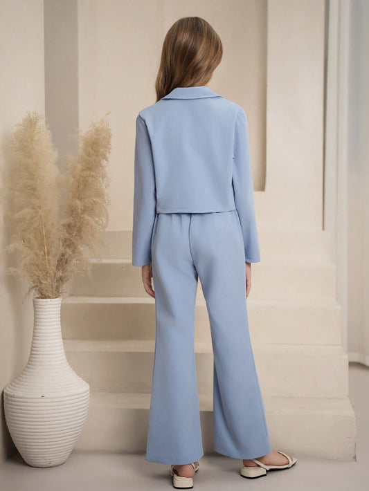 Minimalist Lapel Collar Long Sleeve Fitted Solid Color Suit Jacket And Elastic Waist Flared Solid Color Pants