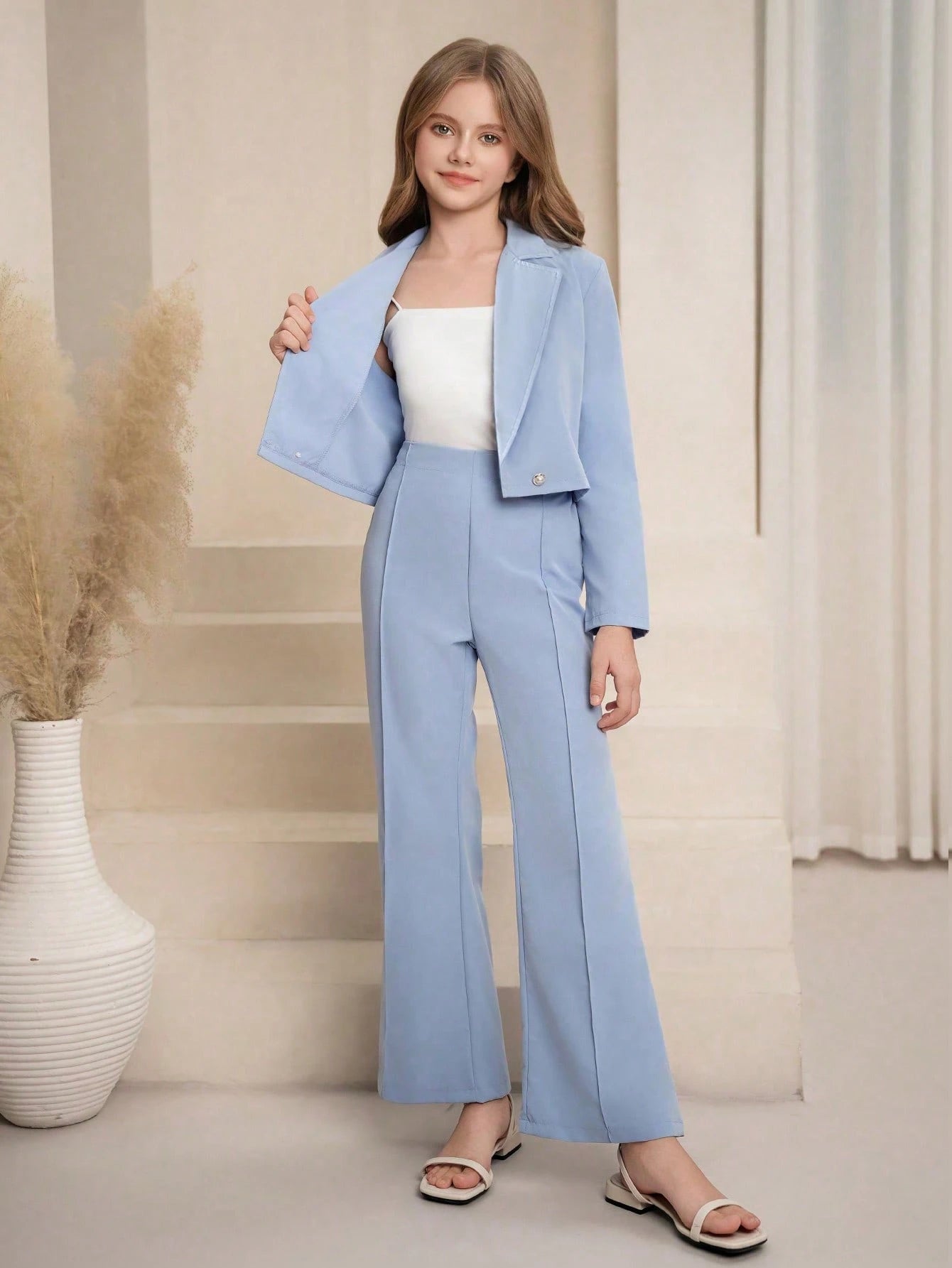 Minimalist Lapel Collar Long Sleeve Fitted Solid Color Suit Jacket And Elastic Waist Flared Solid Color Pants