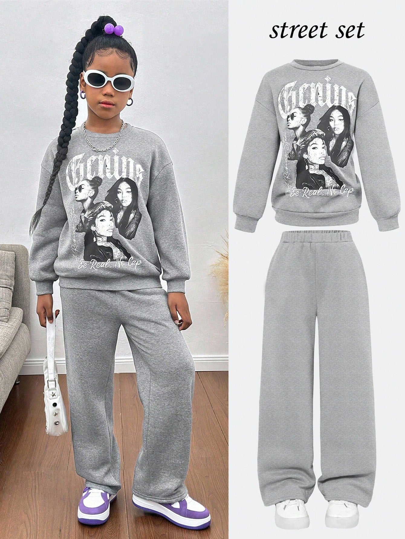 Tween Girl Loose Casual Minimalist Comfortable Crew Neck Sweatshirt And Pants Grey 4