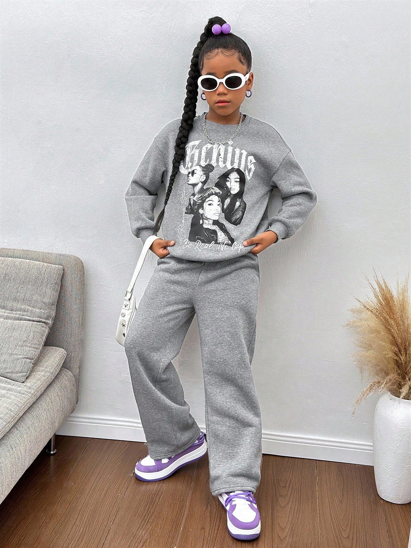 Tween Girl Loose Casual Minimalist Comfortable Crew Neck Sweatshirt And Pants