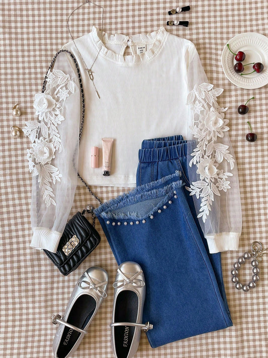 Tween Girls White Long Sleeve T-Shirt With Applique & Blue Pants Set White