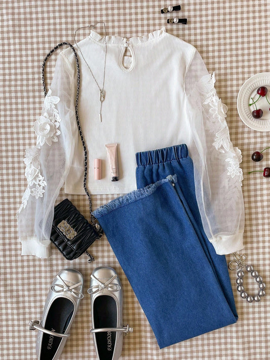 Tween Girls White Long Sleeve T-Shirt With Applique & Blue Pants Set