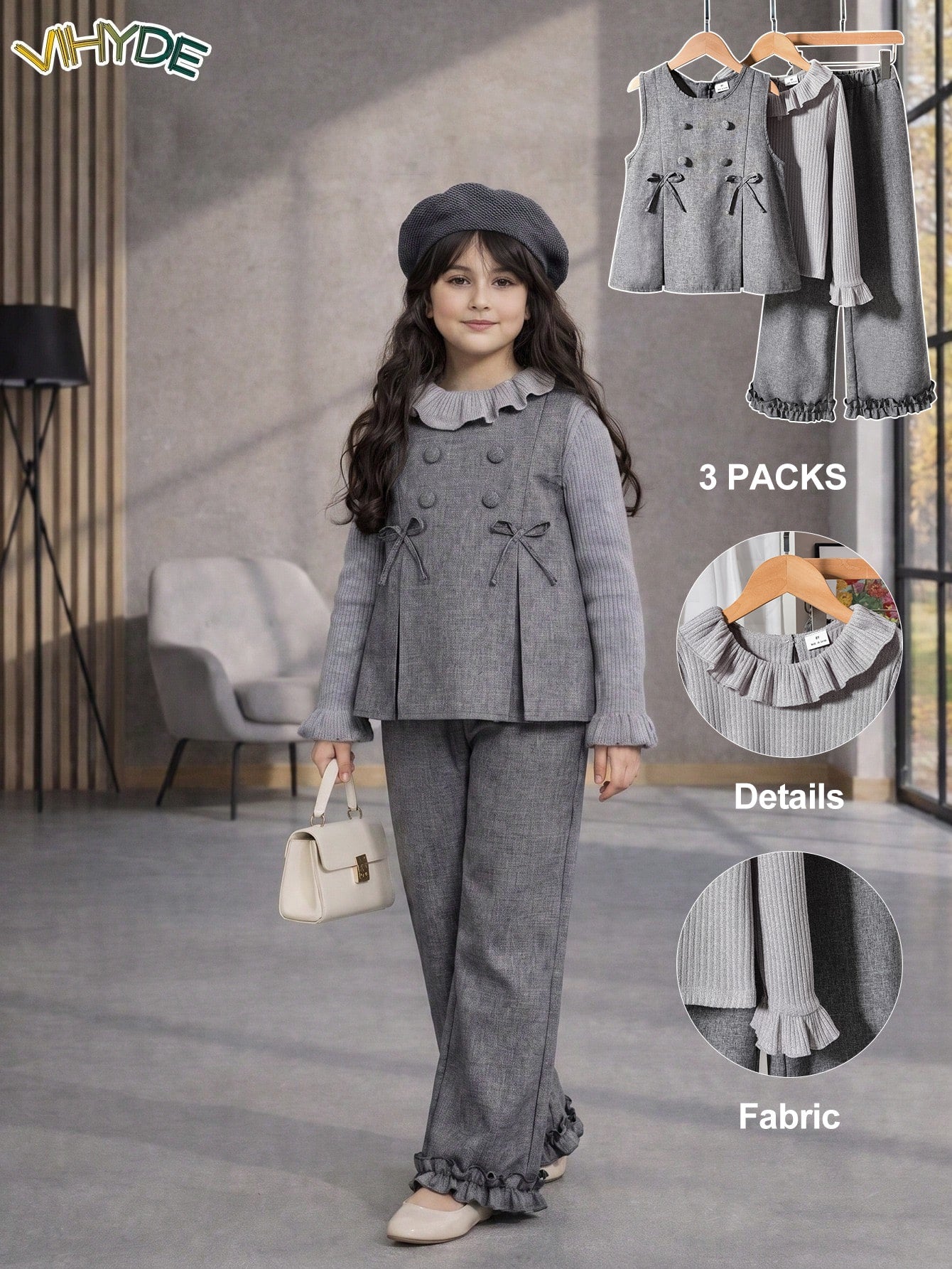 Bow Decor Vest & Ribbed Frill Trim Base Layer Top & Frill Trim Straight Leg Pants 3 Pieces Set