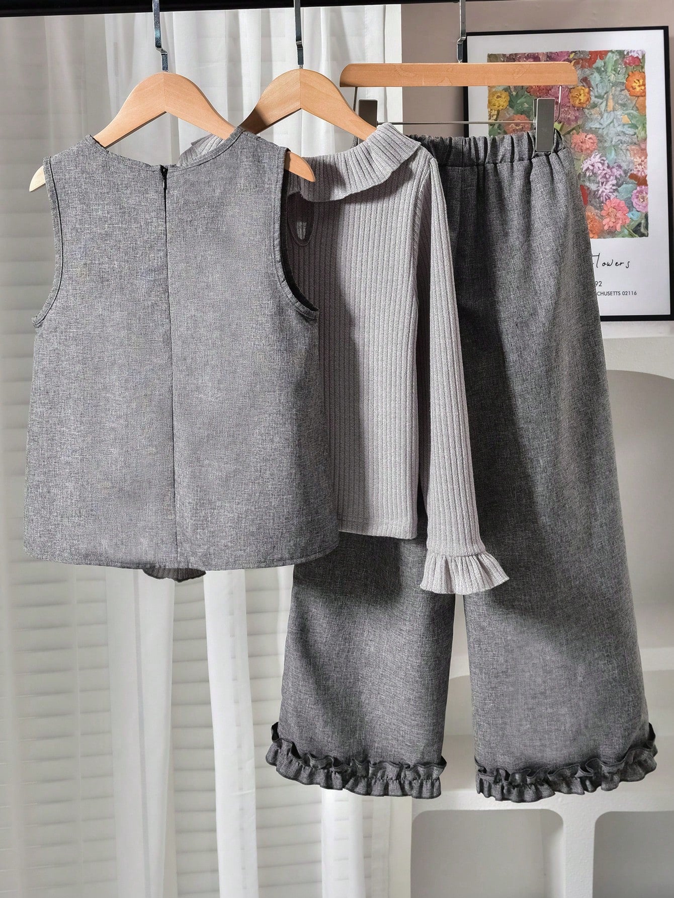 Bow Decor Vest & Ribbed Frill Trim Base Layer Top & Frill Trim Straight Leg Pants 3 Pieces Set