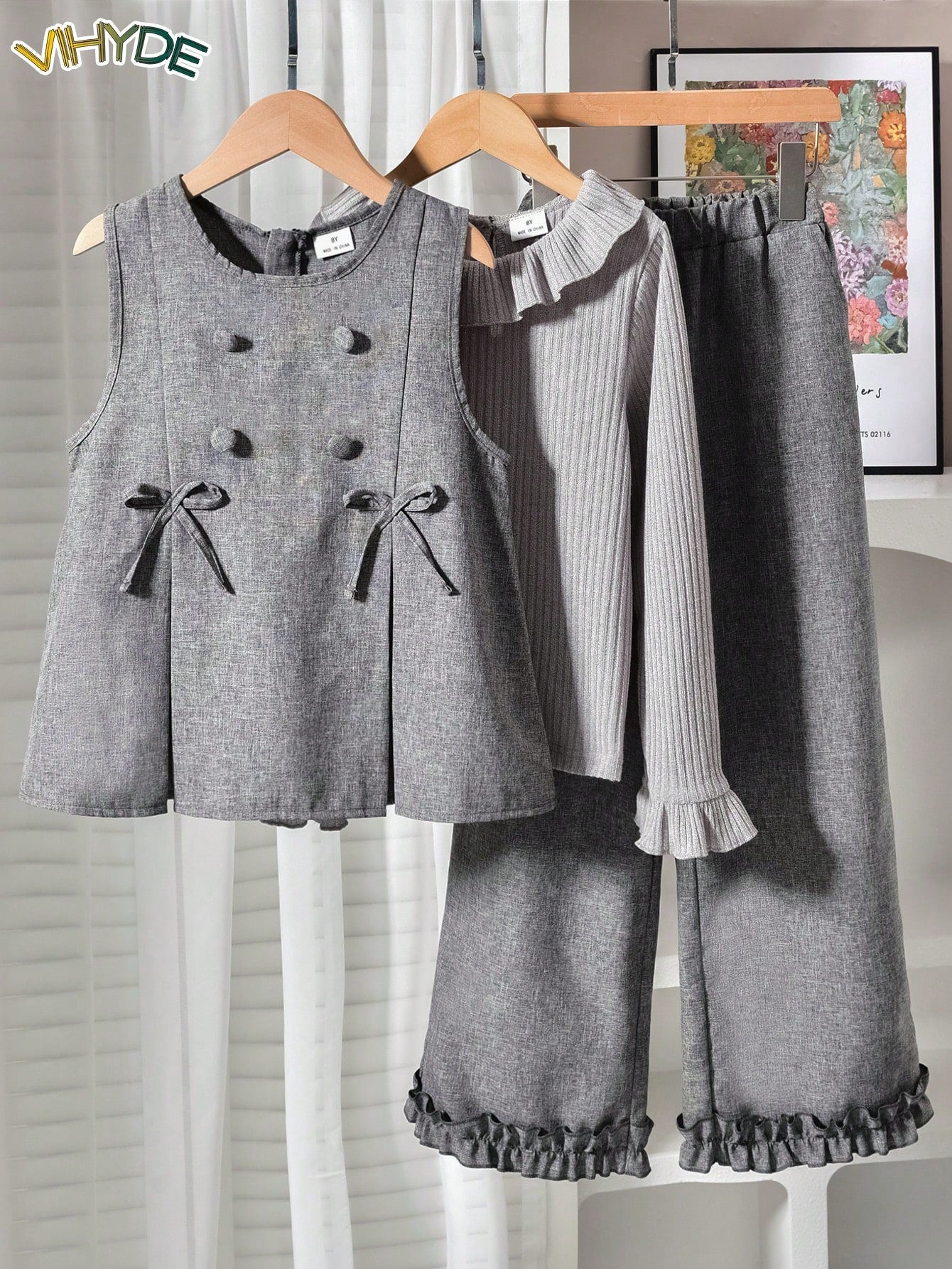 Bow Decor Vest & Ribbed Frill Trim Base Layer Top & Frill Trim Straight Leg Pants 3 Pieces Set