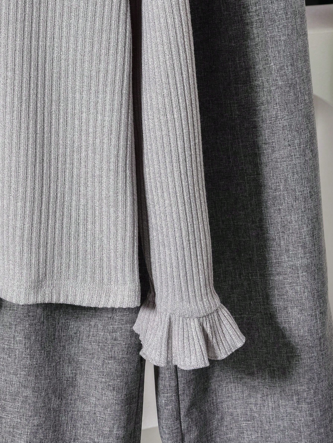 Bow Decor Vest & Ribbed Frill Trim Base Layer Top & Frill Trim Straight Leg Pants 3 Pieces Set